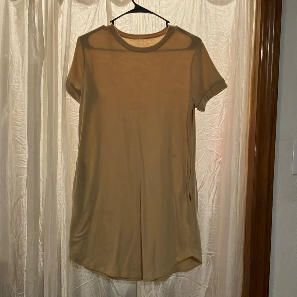 Tan Mini Dress with Short Sleeves and T-Shirt Style
